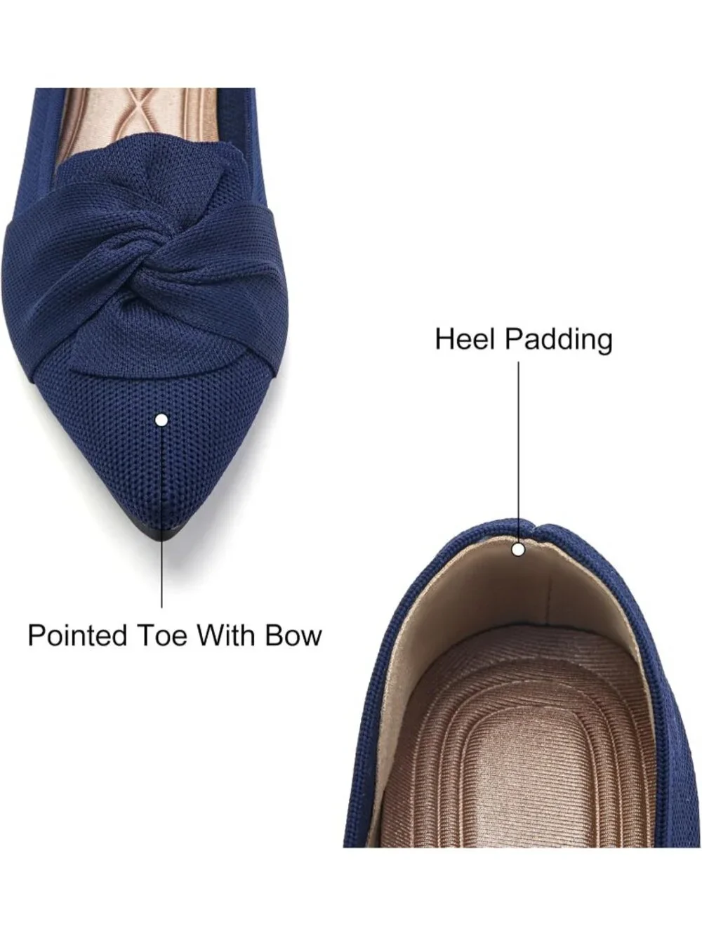 Women's Navy Pointed Toe Ballet Flats with Bow Comfortable Knit Dressy Shoes